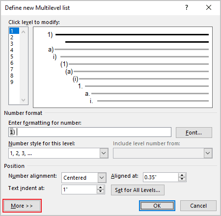 Define new Multilevel list dialog box in Word for Microsoft 365 Define new Multilevel list dialog box in Word 365