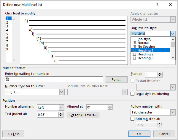 Example of Link level to style for the multilevel list in Word for Microsoft 365 Example of Link level to style for the multilevel list in Word 365