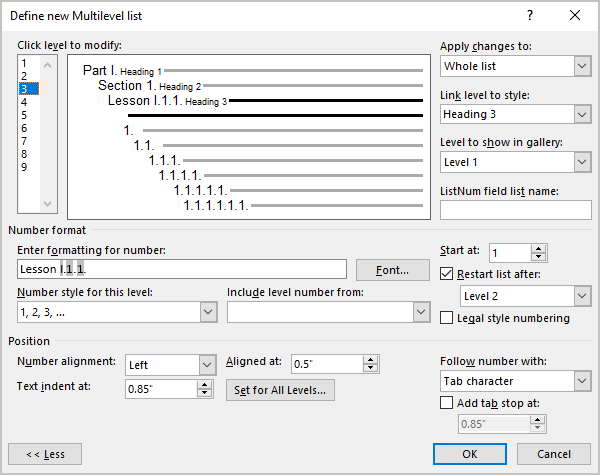 Define new Multilevel list 2 in Word for Microsoft 365 Define new Multilevel list 2 in Word 365