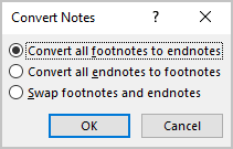 Convert Notes dialog box in Word 365