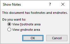 Show Notes dialog box in Word 365