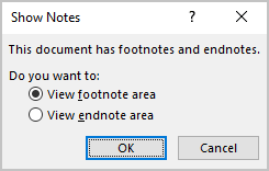 Show Notes dialog box in Word for Microsoft 365 Show Notes dialog box in Word 365