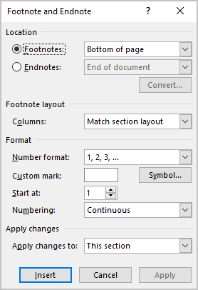 Footnote and Endnote dialog box in Word for Microsoft 365 Footnote and Endnote dialog box in Word 365