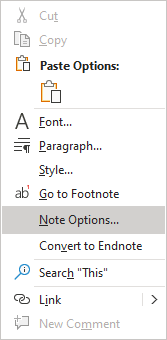 Note Options in the popup menu Word for Microsoft 365 Note Options in the popup menu Word 365