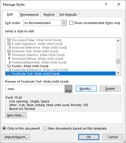 Manage Styles dialog box in Word 365