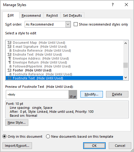 Manage Styles dialog box in Word for Microsoft 365 Manage Styles dialog box in Word 365
