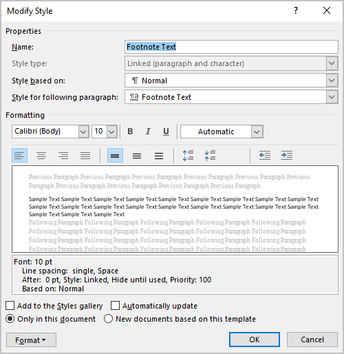 Modify Style dialog box in Word 365