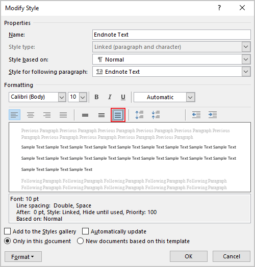 Example in Modify Style dialog box Word 365