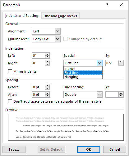 First line indentation in Paragraph dialog box Word 365