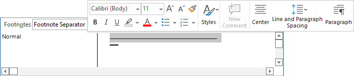 Popup for Footnote Separator in Word 365