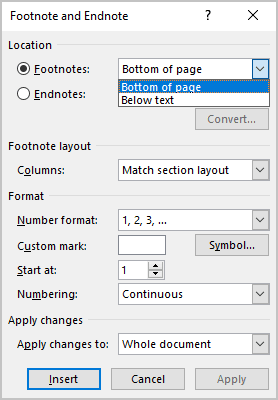 Location for Footnotes in Word 365