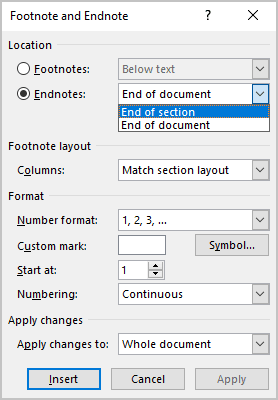 Location for Endnotes in Word 365