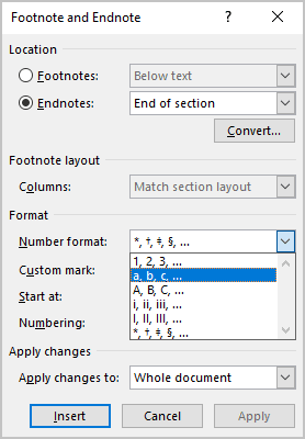 Number format for Endnotes in Word 365