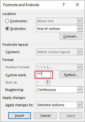 Custom mark for Endnotes in Word 365