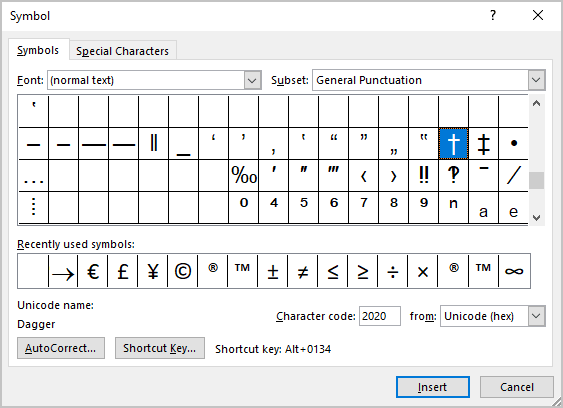 Dagger symbol in Symbols Word 365