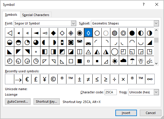 Lozenge symbol in Symbols Word 365