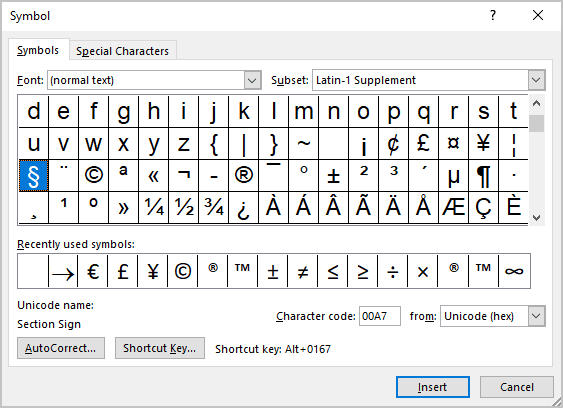 Paragraph sign in Symbols Word 365