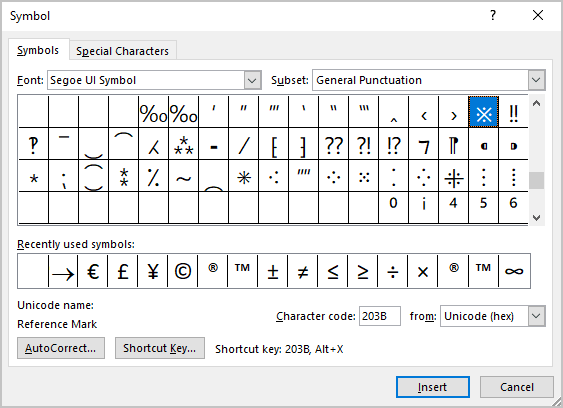 Reference Mark symbol in Symbols Word 365