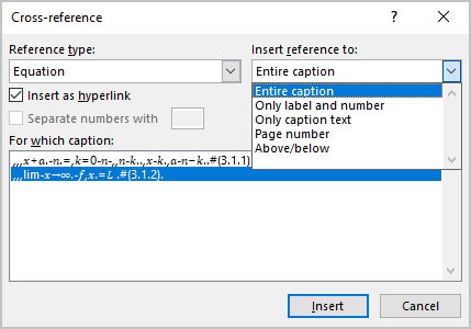 Cross-reference dialog box in Word 365