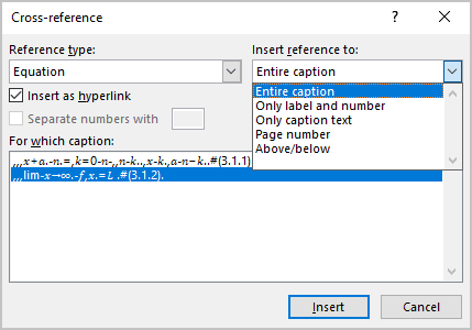 Cross-reference dialog box in Word for Microsoft 365 Cross-reference dialog box in Word 365