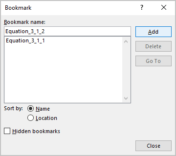 Bookmark dialog box in Word for Microsoft 365 Bookmark dialog box in Word 365