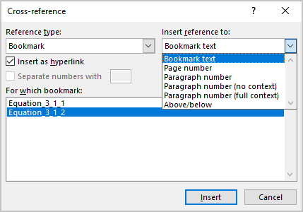 Bookmarks in Cross-reference dialog box in Word 365