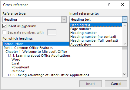 Heading in Cross-reference dialog box in Word 365