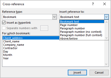 Bookmark in Cross-reference dialog box in Word 365