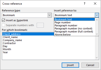 Heading in Cross-reference dialog box in Word 365