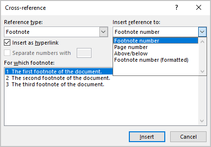 Footnote in Cross-reference dialog box in Word 365