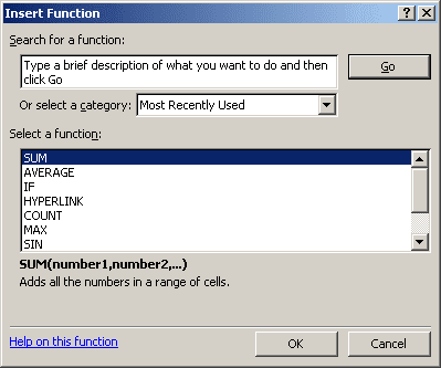 Insert Function in Excel 2003