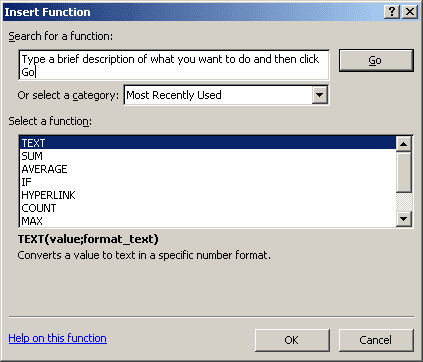 Insert Function in Excel 2007