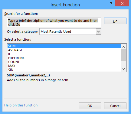 Insert Function in Excel 2013