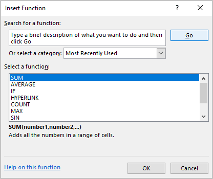 Insert Function in Excel 365