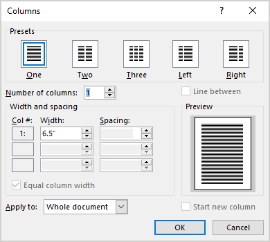 Columns dialog box in Word 365