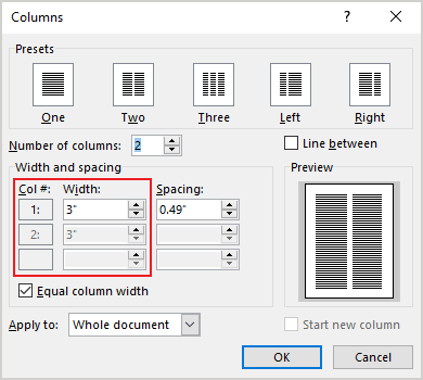 Width and spacing in Columns dialog box Word 365