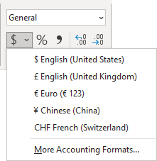 Accounting Number Format dropdown list in Excel 365