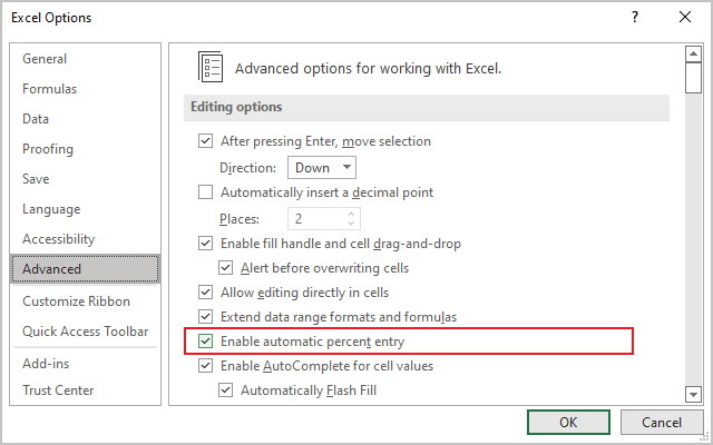 Enable automatic percent entry in Excel for Microsoft 365 Enable automatic percent entry in Excel 365