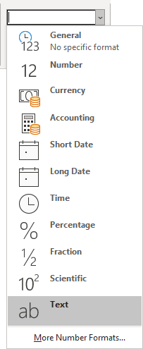 Text in Number Format dropdown list in Excel 365