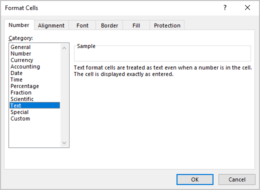 Text in Format Cells dialog box Excel 365
