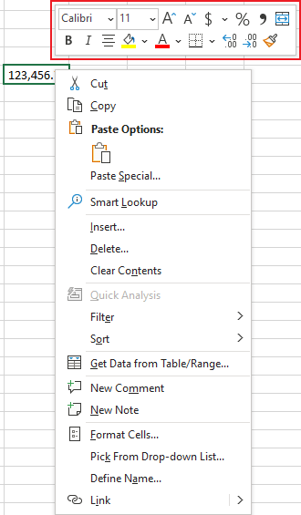 Mini toolbar in Excel 365