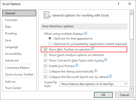 Show Mini Toolbar on selection in Excel 365