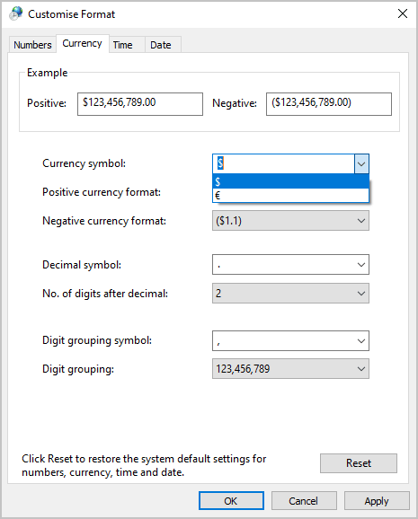 Currency symbol in Windows 10