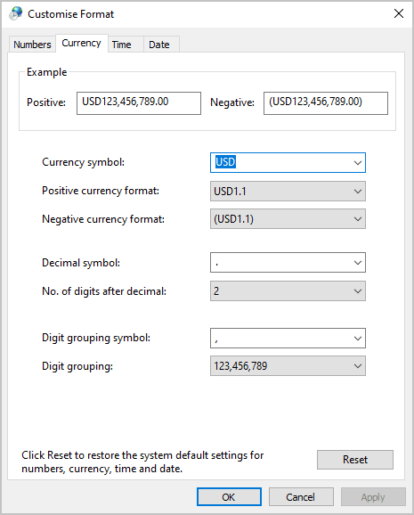 Example of Currency symbol in Windows 10