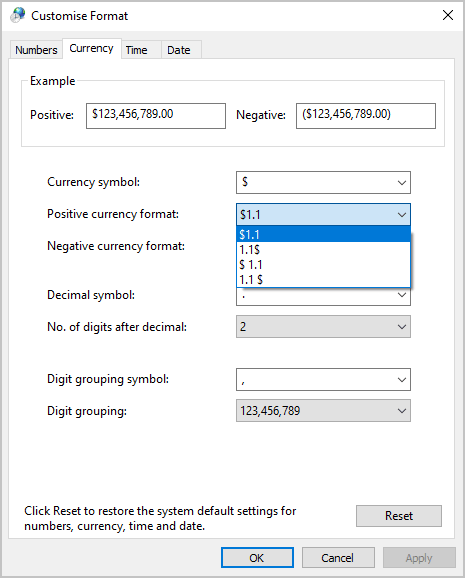 Positive currency format in Windows 10