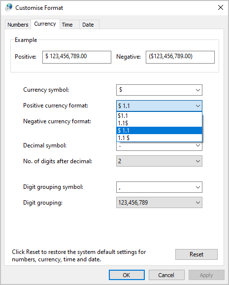 Example of Positive currency format in Windows 10