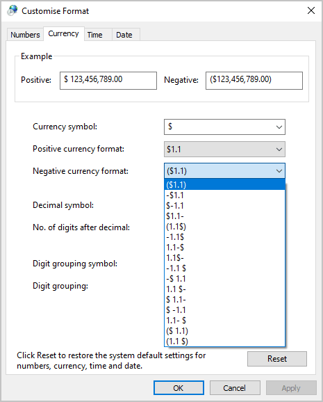 Negative currency format in Windows 10