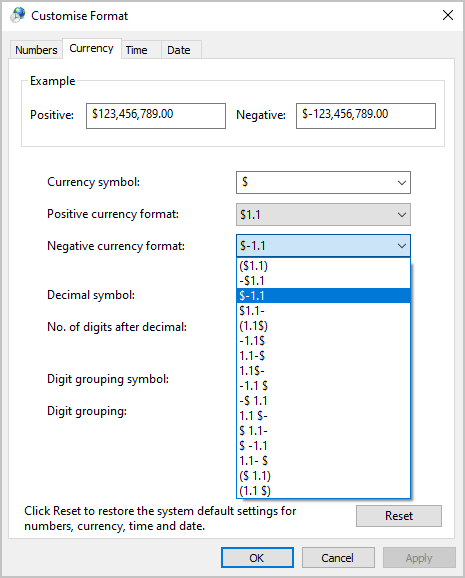 Example of Negative currency format in Windows 10