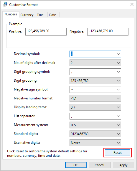 Reset in Customize formats dialog box Windows 10 Reset in Customize formats dialog box Windows 10