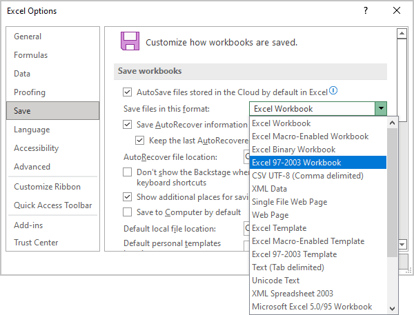 Save files in this format in Excel 365